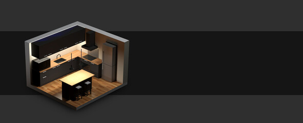 design of a modern kitchen in isometric 3D view - gray background