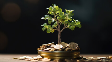 Investment Growth. Coin Tree Growing on Pile for Future Savings