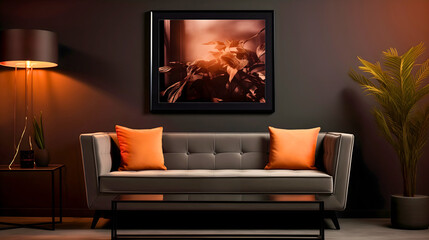 Elegant and minimalistic design of a modern living room interior. Two orange pillows placed on a wide and comfortable gray sofa made of leather, illuminated by warm orange glowing lamps