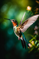 Hummingbird flying in the air with its wings spread.