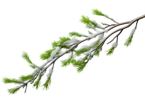 Christmas tree branch with snow isolated on transparent or white background, png