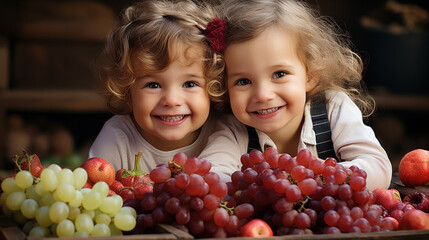 Fototapeta na wymiar Two cute little girls with a bunch of grapes in the kitchen.