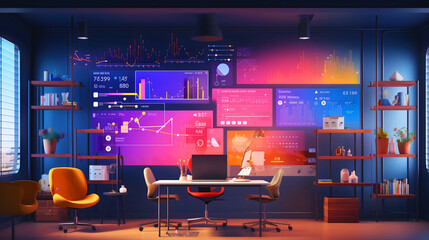 Modern office interior design with black laptop placed on a work desk. Analysis of company sales shown in the background on an indigo blue wall, via multiple displayed screen projections - obrazy, fototapety, plakaty