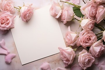 mockup white blank paper sheet with pink roses flowers top view on, floral template empty card flat lay for design with copy space