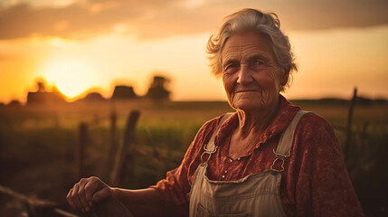 Smiling senior farmer woman standing on a meadow in the countryside at a sunset and looking at the camera. Wearing old village clothes. Sunset over the green pasture in the background - obrazy, fototapety, plakaty