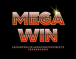 Vector luxury Emblem Mega Win. Red and Gold chic Font. Trendy Alphabet Letters and Numbers.