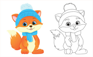 cute little fox in a hat and scarf smiling red furry coloring book