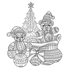 Christmas tree and teddy bear hand drawn for adult coloring book