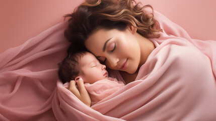 Affectionate Motherly Hold, Infant Comfort, Pale Pink Background