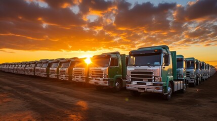 Serene Morning. Parked Trucks Beneath a Dazzling Sunrise - Industrial Vehicles at Rest