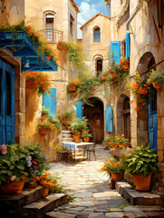 Fototapeta na wymiar A Courtyard With Plants And A Table - Pictorial scene of courtyard in old town of Croatia
