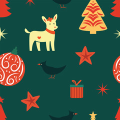 Cheerful Christmas vector pattern: Joyful motifs of ornaments, trees, and snowflakes dance together in a festive celebration of holiday warmth and spirit.