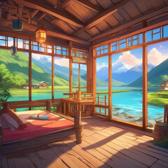 Cabin facing river in tibet anime style