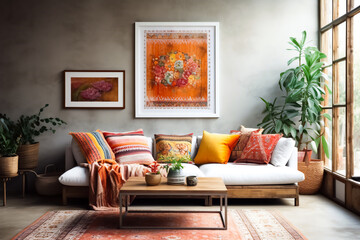 Cozy bohemian eco living room with floor-to-ceiling window, colorful pillows and throws on the sofa, and framed floral artwork on the gray wall - obrazy, fototapety, plakaty