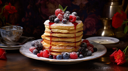 Pancake Stack With Berries on White Plate