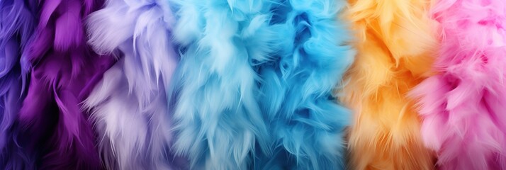 abstract furry texture banner, background of fluffy multicolored fur of pastel color