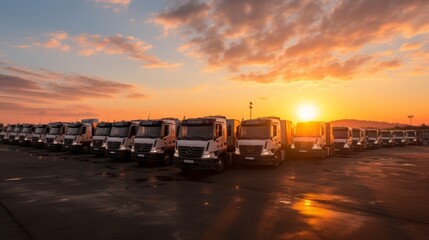 Golden Hour Serenity. Parked Trucks Bathed in the Captivating Light of a Majestic Sunrise