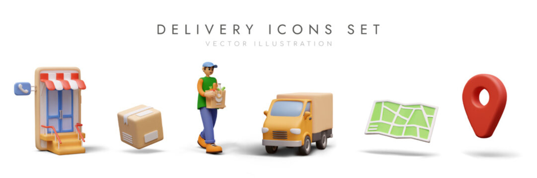 Delivery icons set. Online shopping, products order via smartphone. Courier delivers parcel to client. Concept of online order trucking via modern service. Vector illustration in 3D style