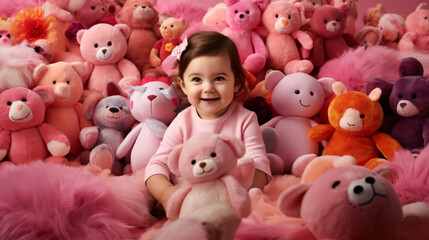 Delighted Baby Girl in Floral Dress, Pink Toys, Light Pink Backdrop