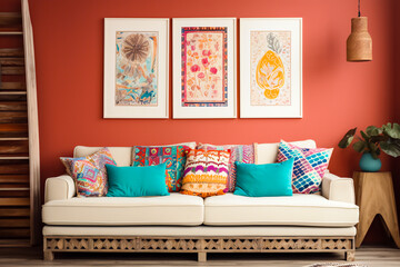 Cozy bohemian eco living room with beige sofa, patterned colorful pillows, and trio of botanical prints on a terracotta wall