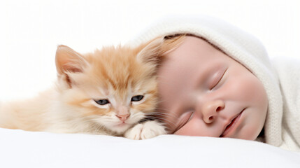 Joyful Baby and Tiny Kitten, Peaceful Cuddle, Isolated on White