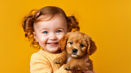 Cute baby girl with a playful yellow puppy, both smiling, isolated on a bright yellow background.