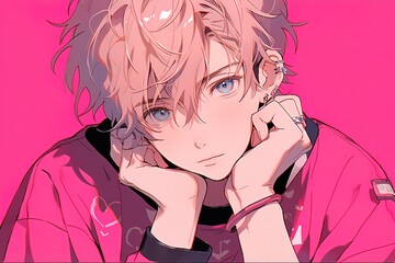 anime young handsome guy with blond hair on a bright pink background