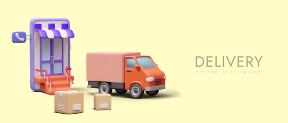 Collection with smartphone, red truck and parcels. Online orders, shopping and delivery. Vector illustration in 3D style with yellow background and place for text
