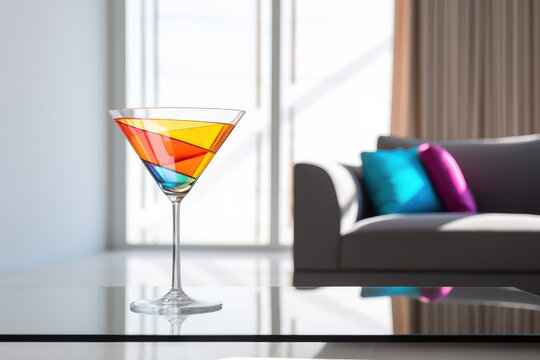 Generative AI illustration of glass with multicolored cocktail placed on table against blurred living room at home