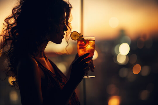 Generative AI illustration of side view of female drinking sweet orange cocktail with fruits while standing in room against blurred sunset sky
