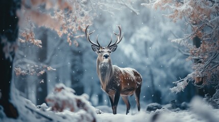 Deer in a snowy winter woodland. Generative Ai.