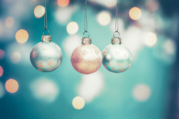 Christmas ornaments over defocused background with blurred lights, pastel colors
