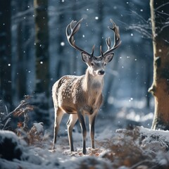 Deer in a snowy winter woodland. Generative Ai.