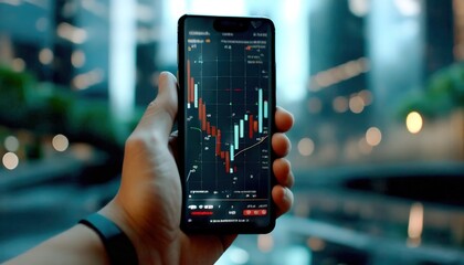Fototapeta na wymiar Stock trade in phone. Graph of stock market with candlestick, chart and exchange for trader. Hand hold smartphone with mockup of daily trading mobile app.
