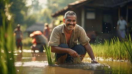 Grinning villagers in Farmer Asia tending to rice fields. Generative Ai.