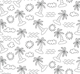 Seamless Pattern Doodle Summer tropical. Palm tree, ocean waves vector repeat texture. 