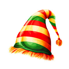 Illustration of Christmas holiday hat with red, yellow and green stripes and floppy tip, elf hat icon, isolated