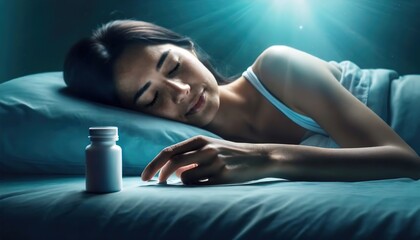 Calm woman sleeping on the bed at night. Medical treatment of insomnia with tube of melatonin tablets. Lack of sleep, drugs pills close up. Multiracial girl lying in bed at dark blurred background. - obrazy, fototapety, plakaty