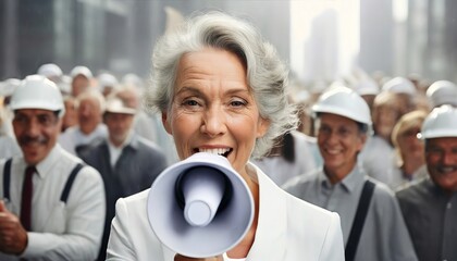 Senior woman makes a speech in a megaphone on a city street. A crowd of old working men follows elderly lady in honor of the rally. Pensioner yells into a bullhorn on people background. Female leader. - obrazy, fototapety, plakaty