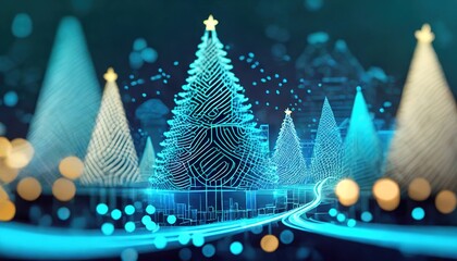 Christmas trees in digital world. Futuristic modern art internet microcircuit silicon chip...