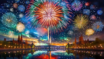 Firework over night city and river on the background. New Year Eve and Christmas celebrations. Panorama with copy space.