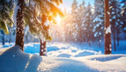 Winter snow spruce tree forest nature landscape at sunny day background. Happy New Year or...