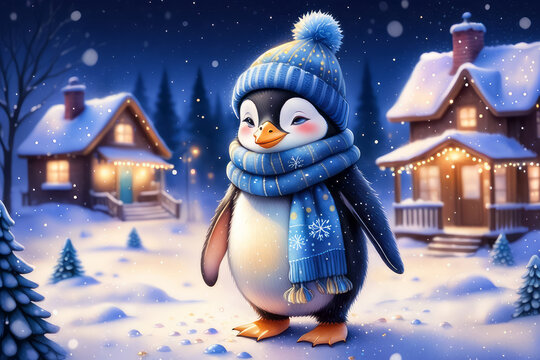 niedlicher Pinguin zu Besuch im Weihnachtsdorf, generated image
