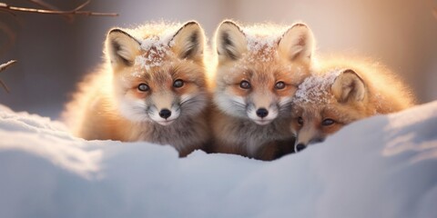 Portarait oft hree fox kittens in snow