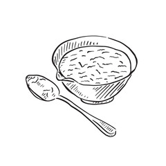 A bowl of bread sauce or porridge, drawn by hand in black and white. The perfect accompaniment to a Sunday roast of Christmas dinner. Line drawing on Procreate.