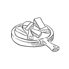 Cheese board illustration; line drawn in black and white. A variety of cheeses on a wooden board. Featuring brie, port salut, blue cheese and cheddar.