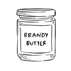 A line drawn black and white illustration of Brandy Butter. The perfect accompaniment to Christmas Pudding and other festive desserts. Hand drawn jar with 'brandy butter' written in capital letters. 