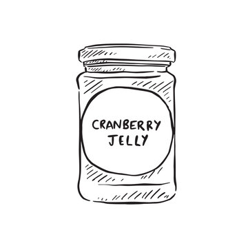 A line drawn illustration of a jar with the words 'cranberry jelly' on a sticker on the front.