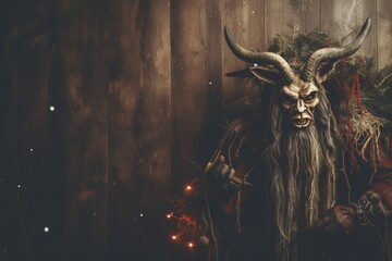 Krampus on wooden wall background, copy space Christmas theme
