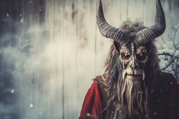 Krampus on wooden wall background, copy space Christmas theme